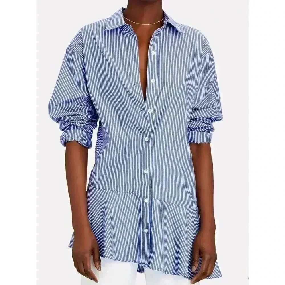 Veronica Beard Gilda Striped Poplin Button Down Shirt Size 4‎ Blue White NWT